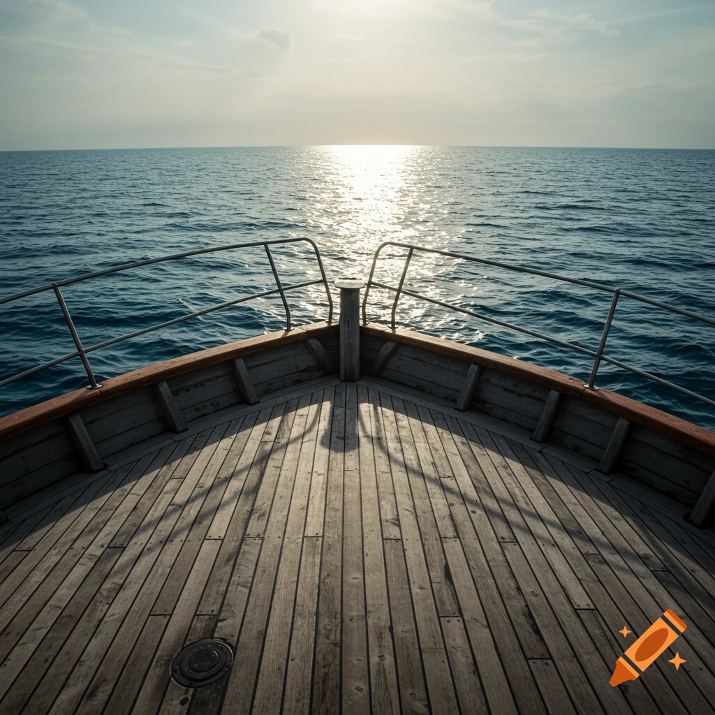 View from the bow of a wooden boat looking out at the ocean towards the sunset.