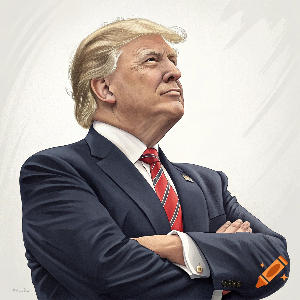 Illustration of Donald Trump in a suit with arms crossed, looking upwards.