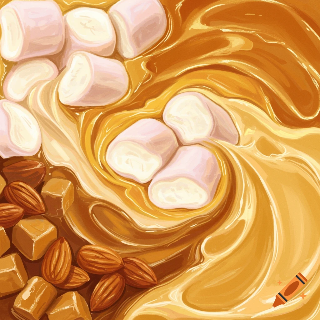 A close-up of marshmallows, caramel cubes, and almonds swirling in melted caramel or honey.