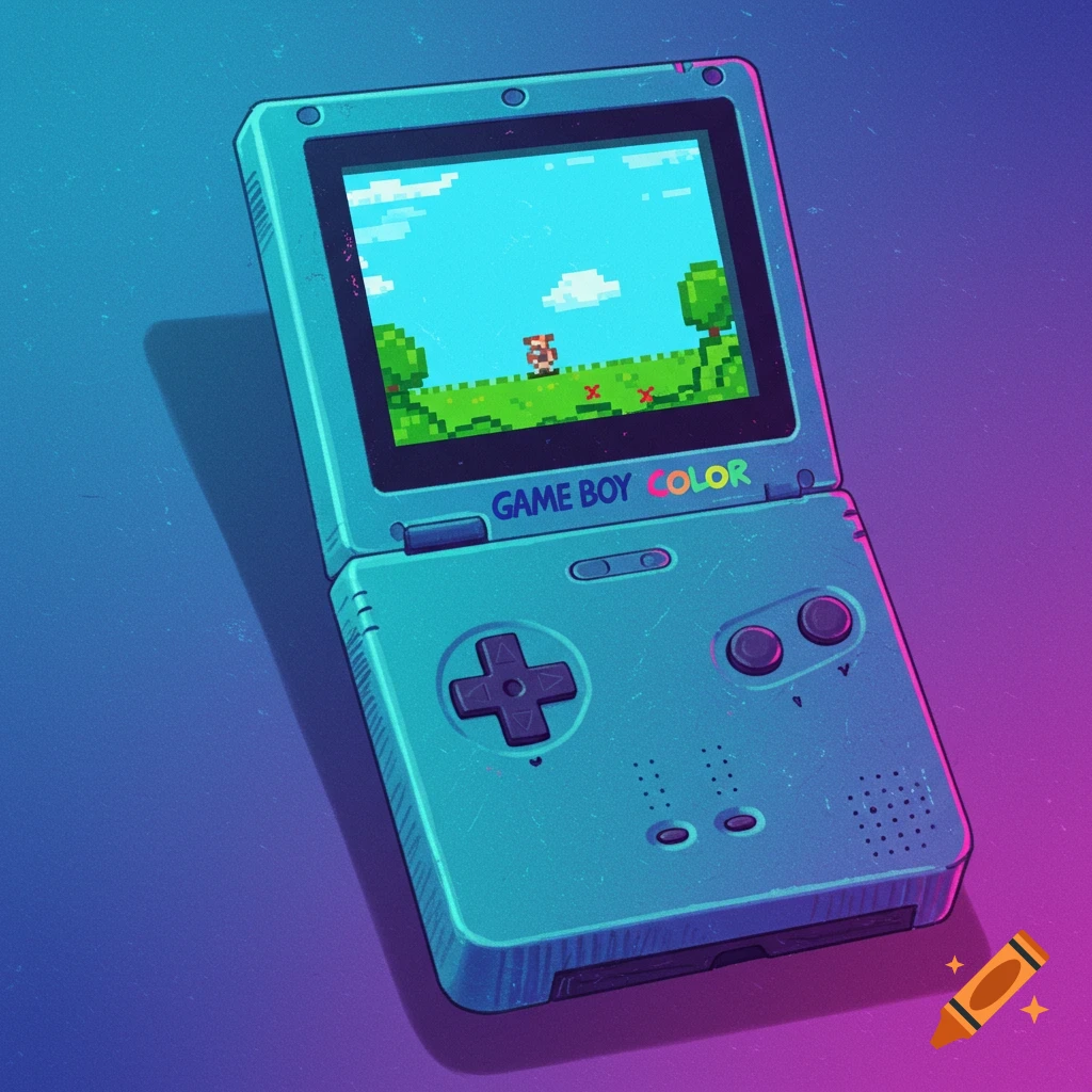 Teal Game Boy Color playing a pixelated game.