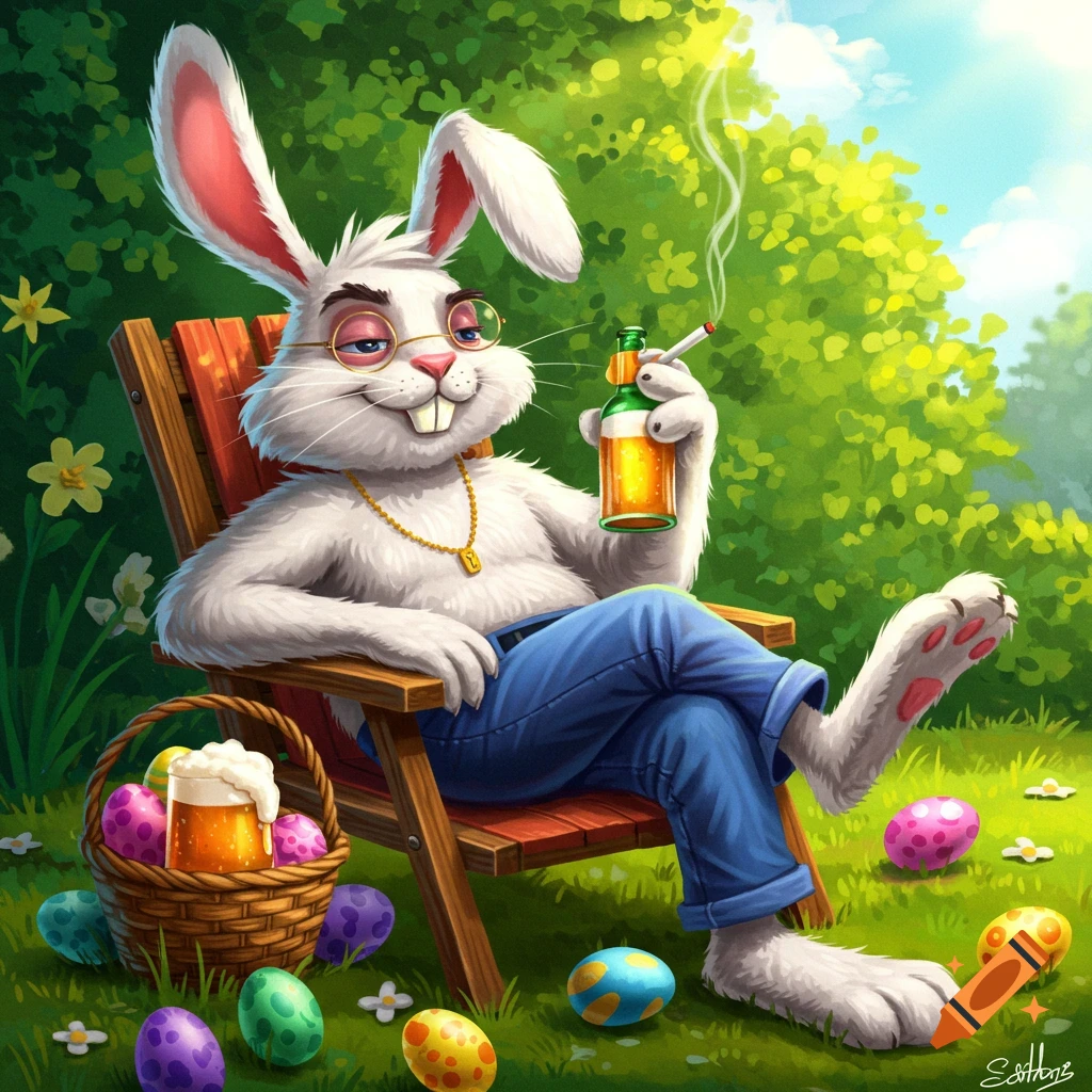 An Easter bunny in a chair is drinking beer and smoking a cigarette surrounded by Easter eggs.