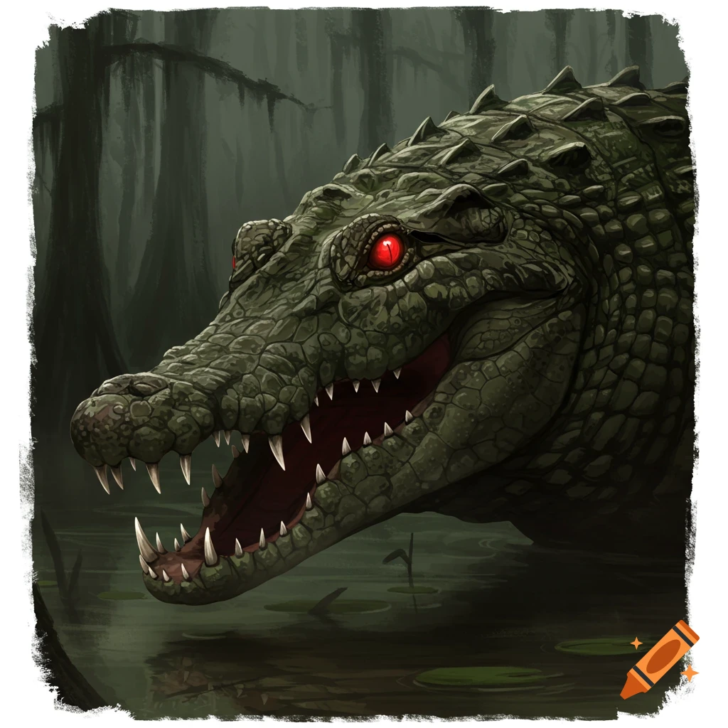 A crocodile with red eyes in a swamp.