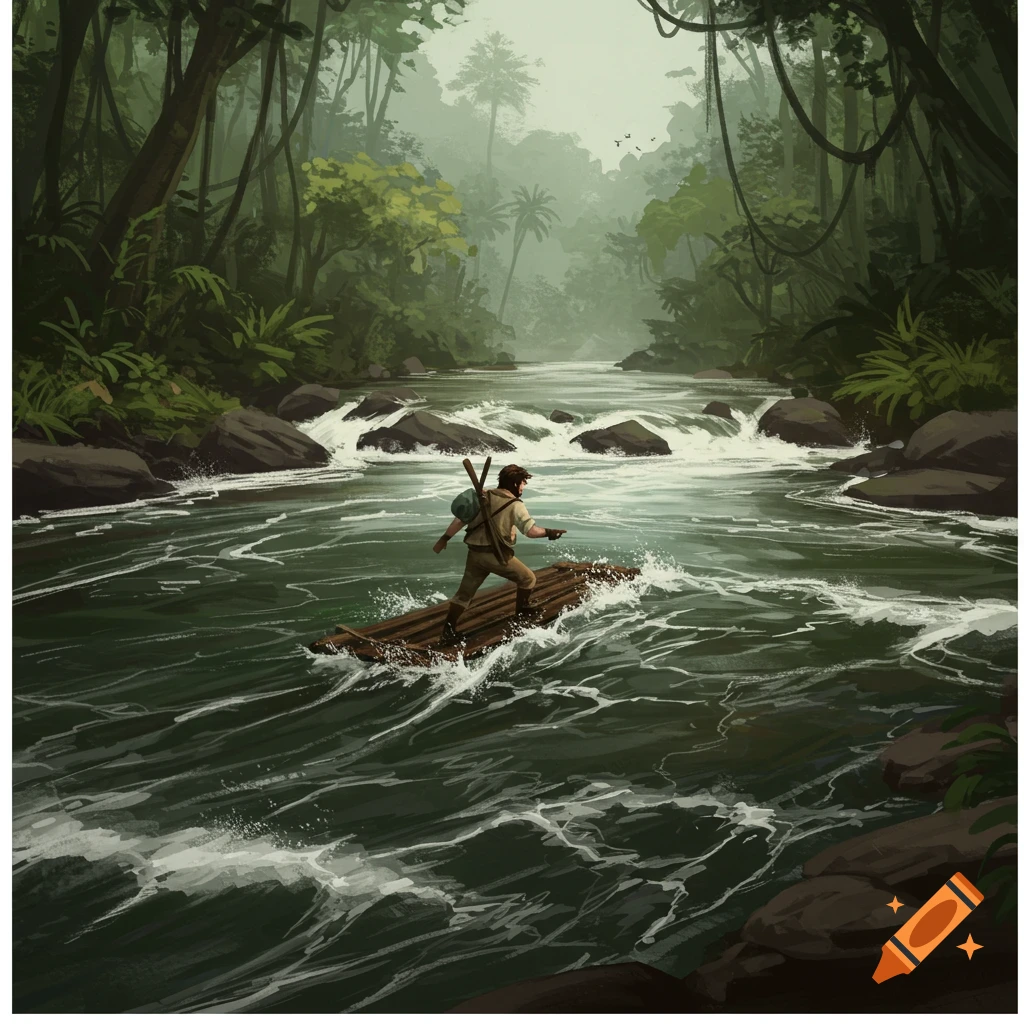 An explorer on a raft floats down a jungle river.
