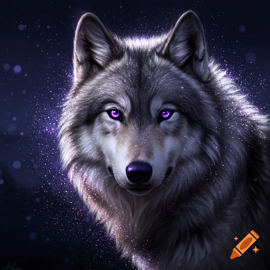 A wolf with striking purple eyes and glitter stands against the dark night sky.
