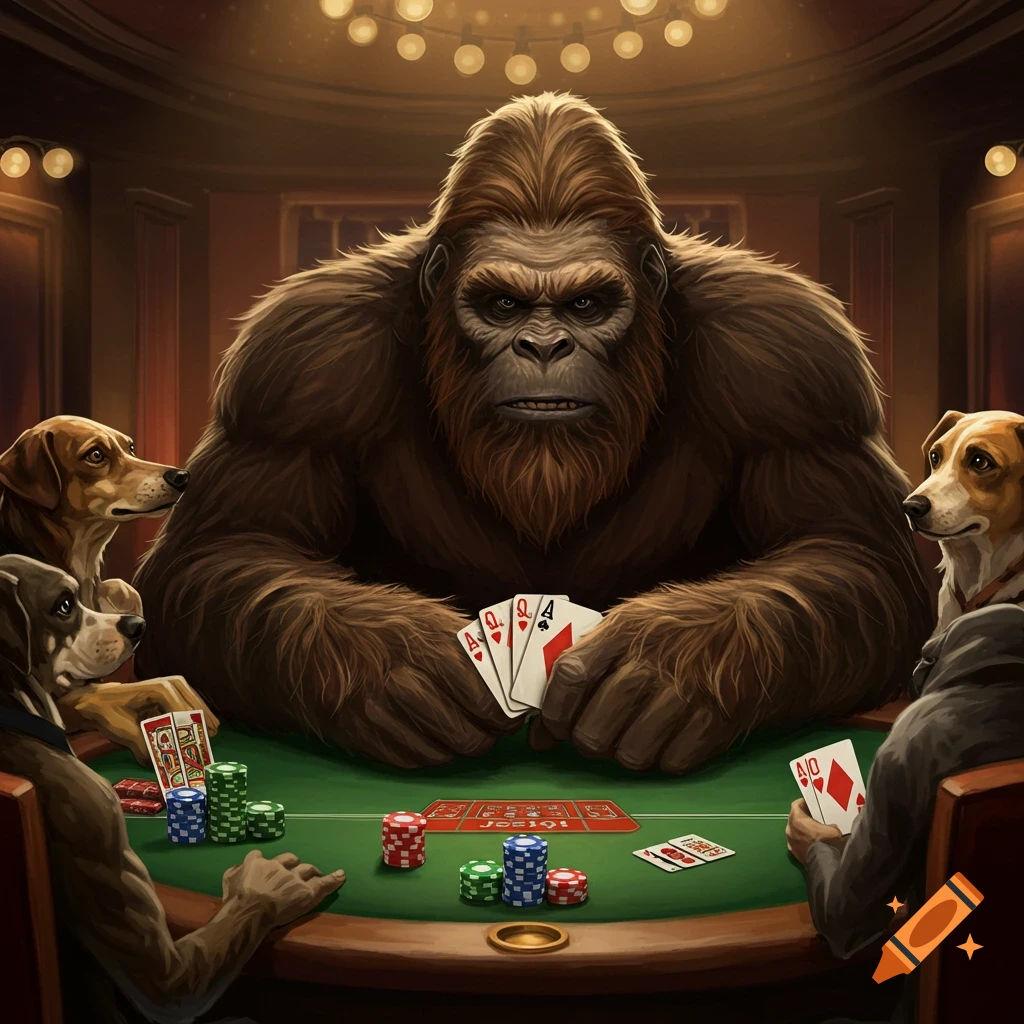 A large Sasquatch and several dogs play poker around a table in a dimly lit room.