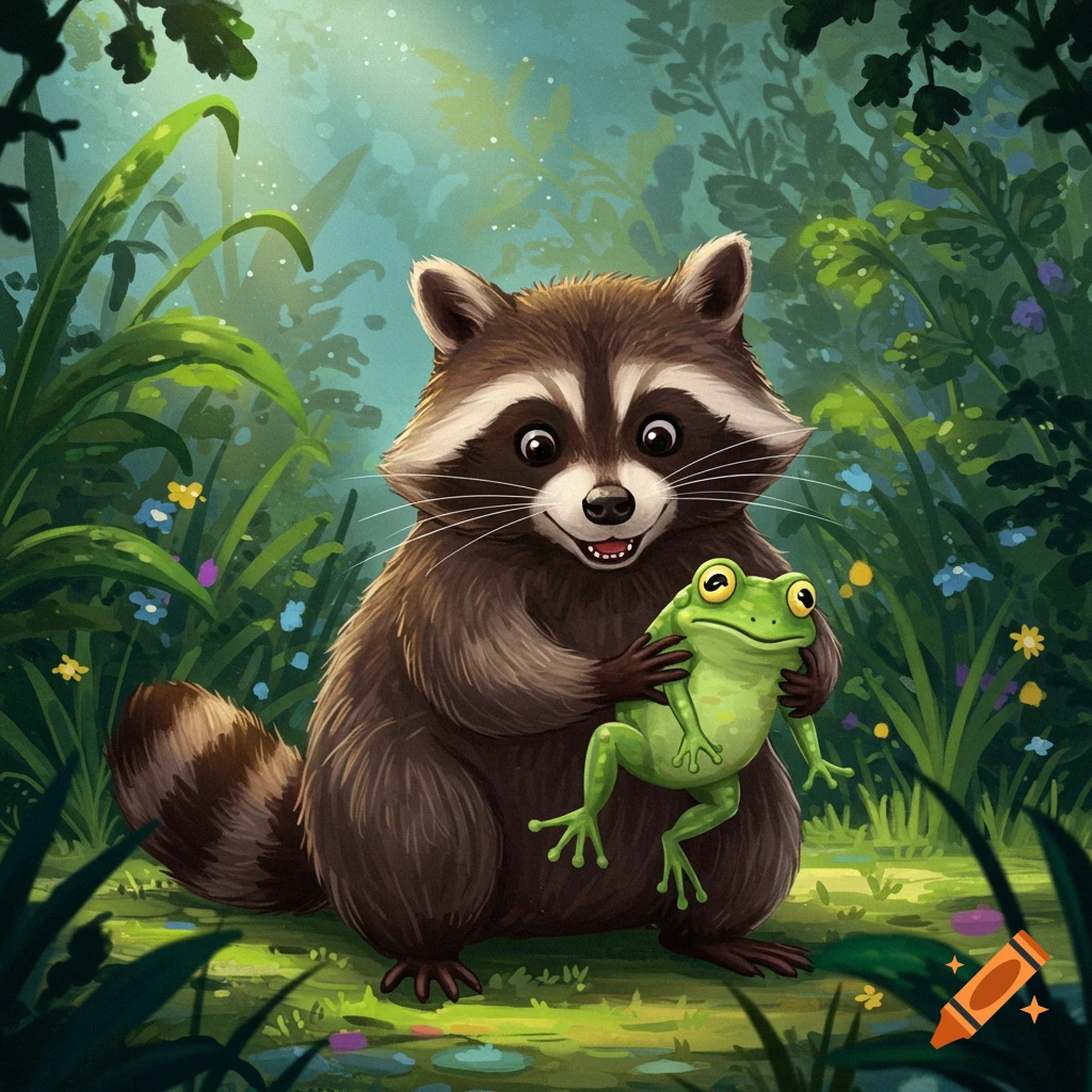 Cartoon raccoon holds a frog in a forest clearing.