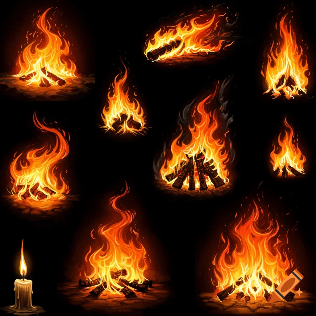 Collection of dynamic fire illustrations and a candle flame