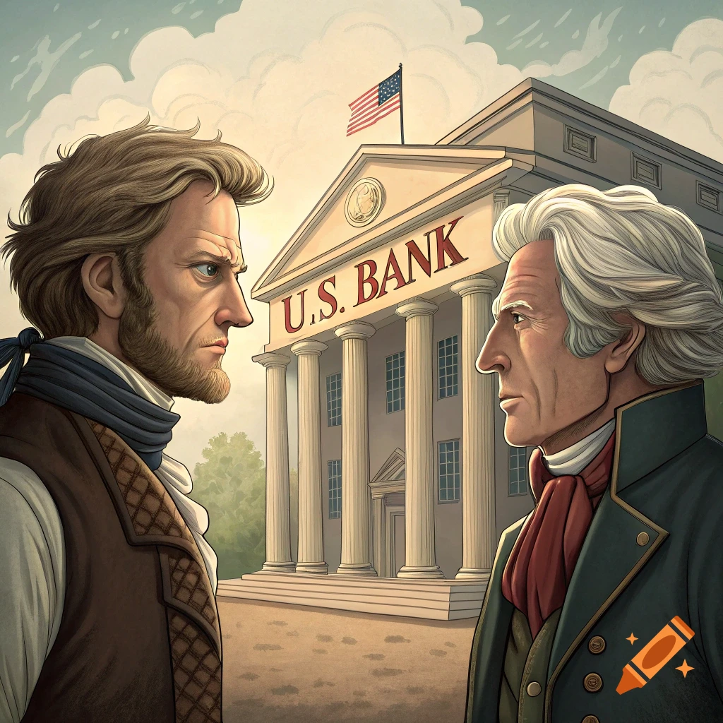 Illustration of two men in 19th-century attire facing each other in front of a building with 'U.S. BANK' written on it.