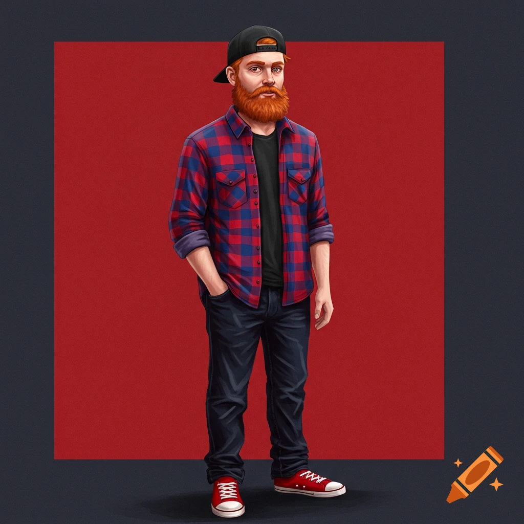 Man with a red beard, black cap, plaid shirt, jeans, and sneakers.