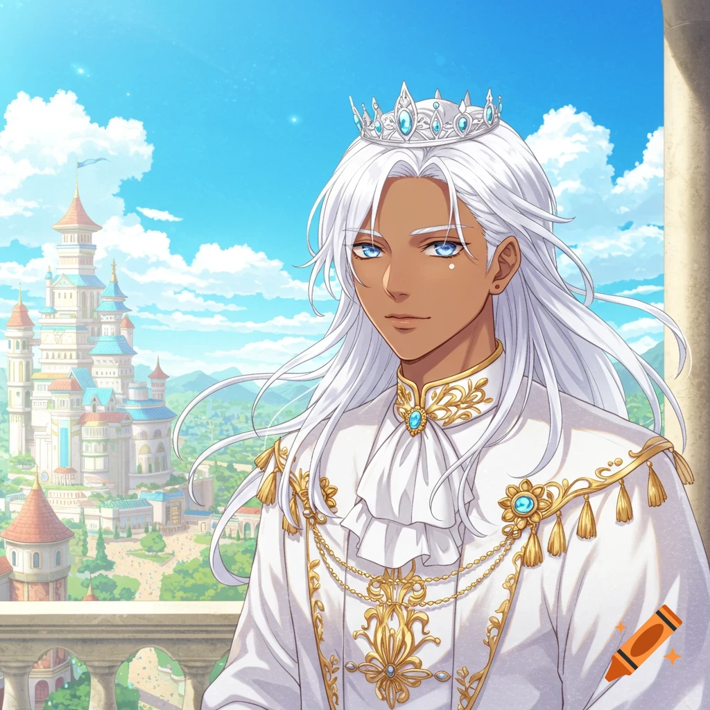 Anime prince with white hair and crown on balcony overlooking a fantasy castle under a blue sky.