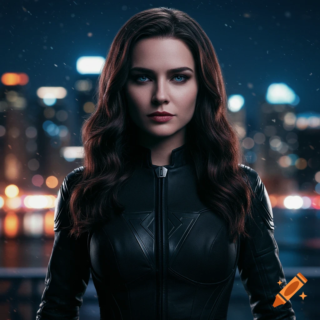 Portrait of a woman in a black leather jacket against a blurred city skyline.
