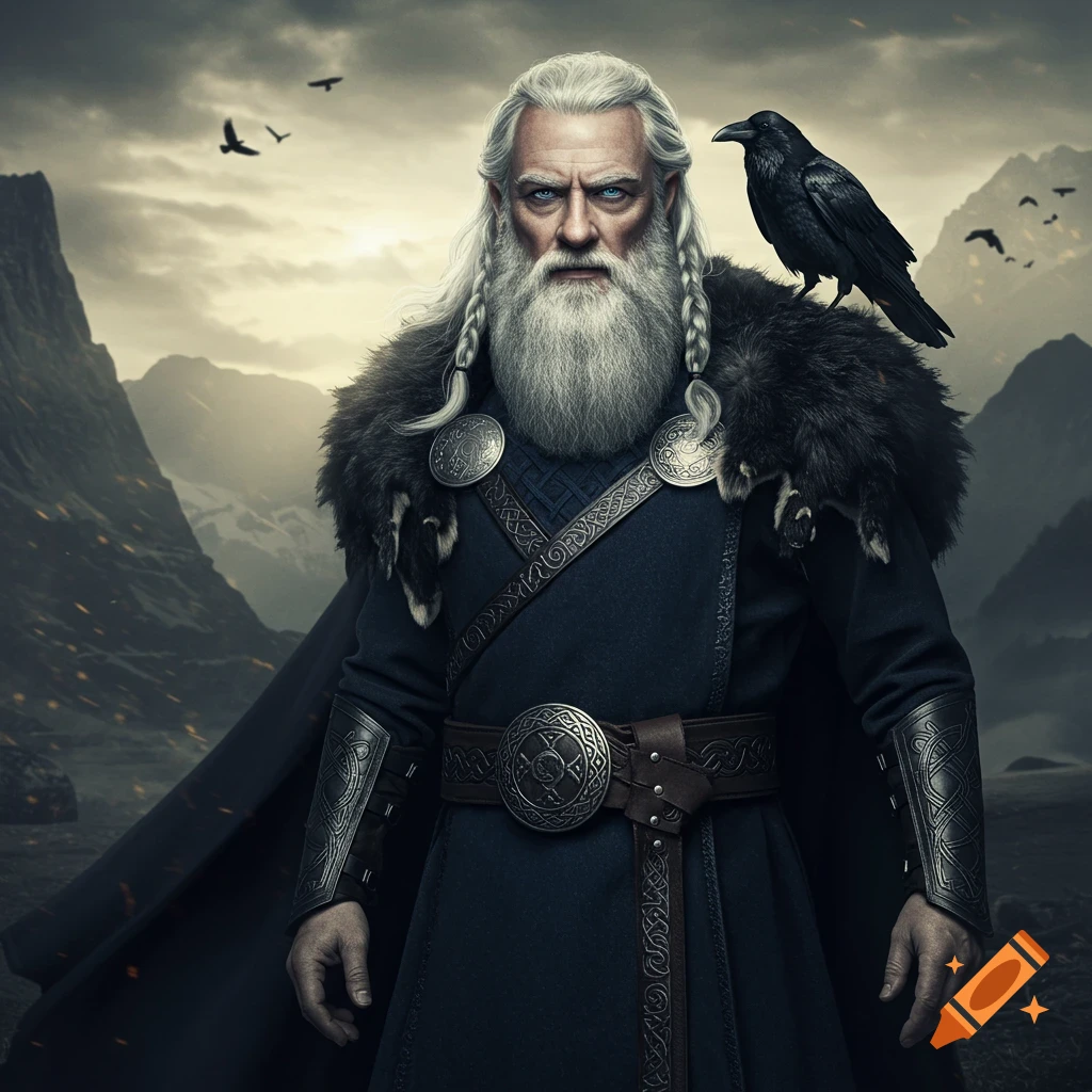 A photorealistic portrait of a bearded man with braids and a raven on his shoulder, wearing fur and armor, in a mountainous landscape.