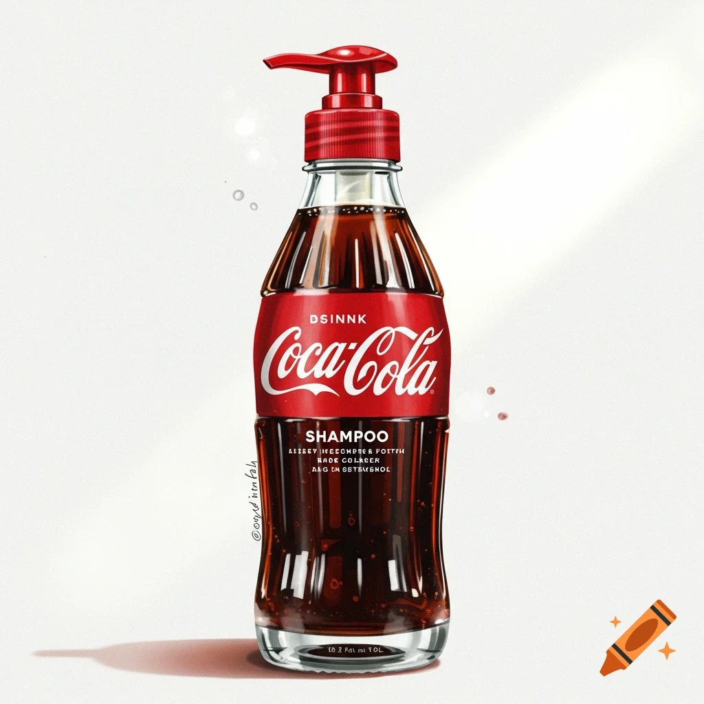 A Coca-Cola bottle repurposed as a shampoo bottle with a red pump dispenser.