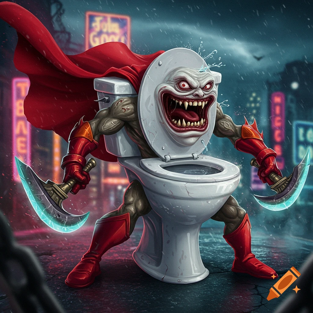 A monstrous toilet creature superhero with a red cape and glowing weapons stands in a rainy city street.