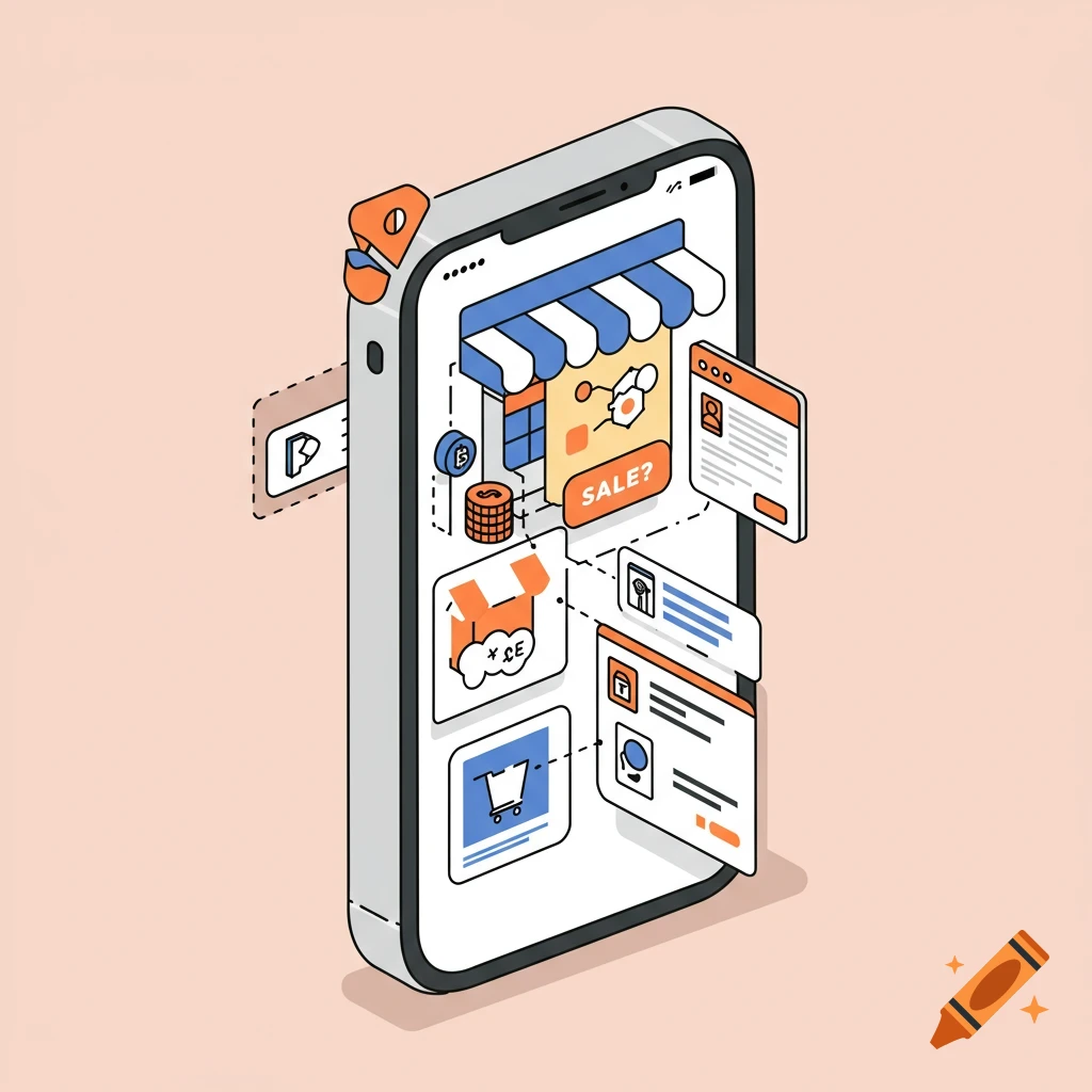 Vector illustration of a smartphone displaying an e-commerce app interface with shopping icons and 'SALE?' button.