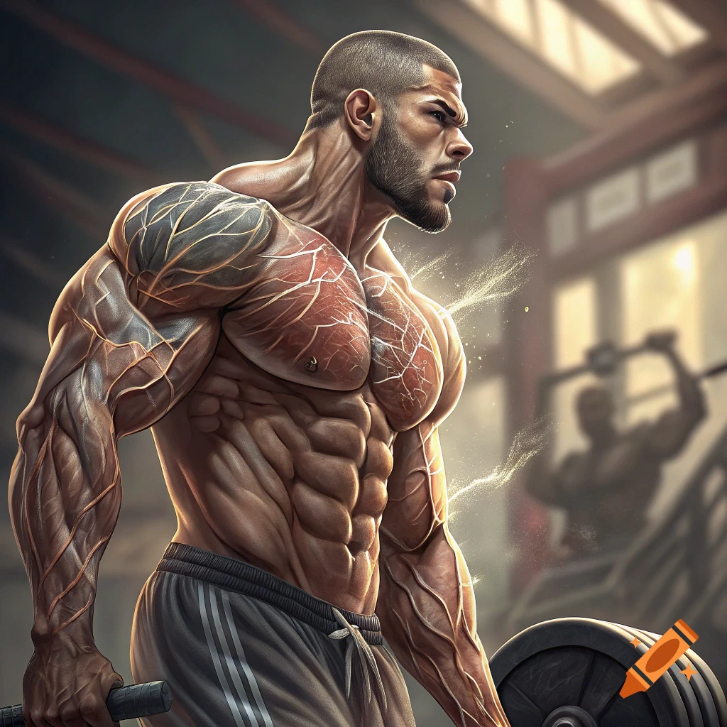 Muscular man with detailed veins lifting weights in a gym