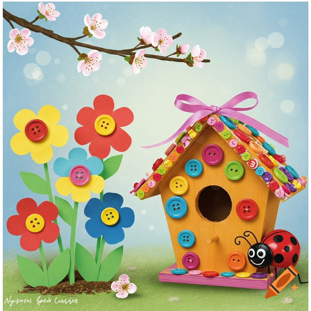 Spring crafts scene with birdhouse and flowers made of buttons, ladybug, and cherry blossoms.