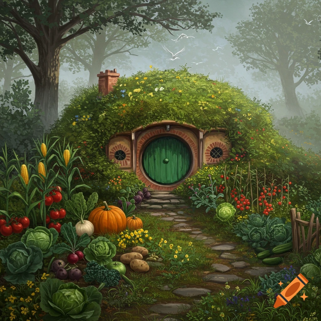 A whimsical hobbit hole with a round green door, surrounded by a lush vegetable garden and forest.