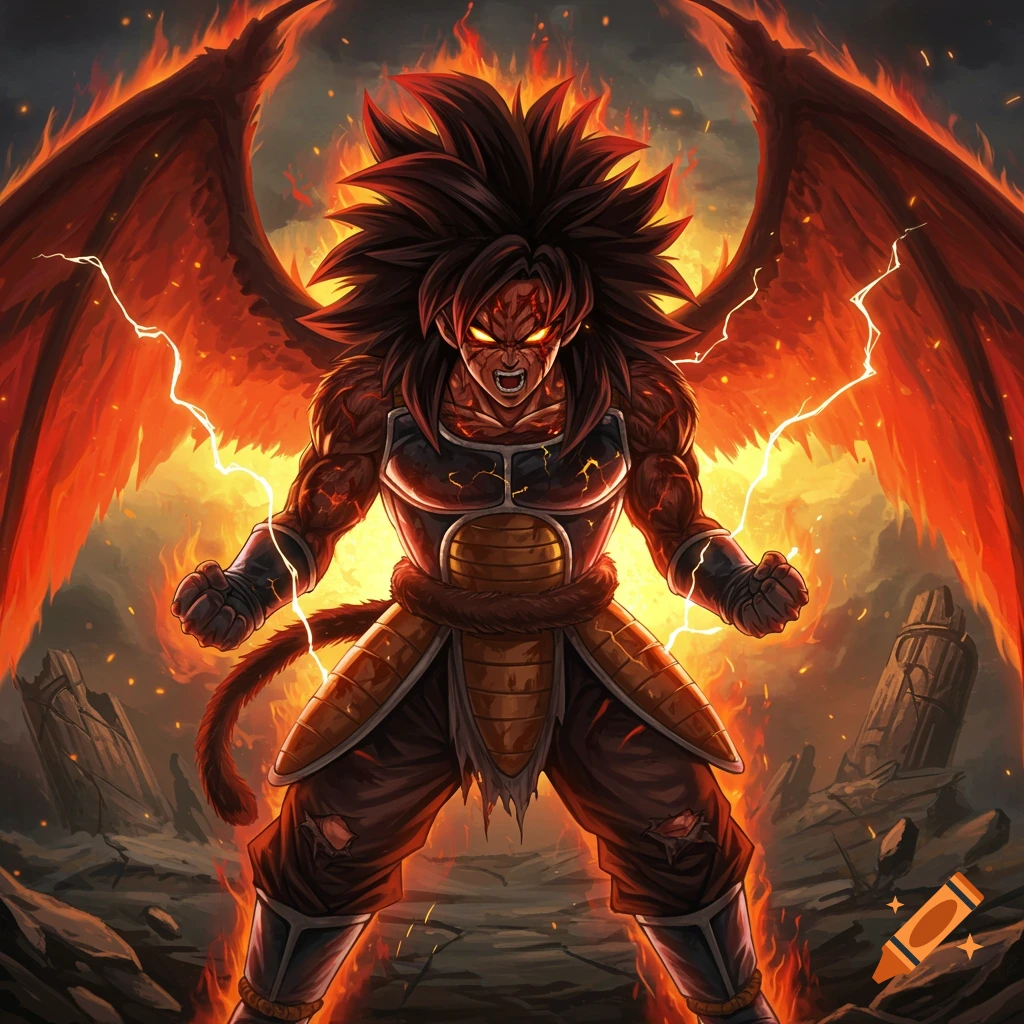 Powerful Saiyan character with fiery wings and aura in a destroyed landscape, anime style.