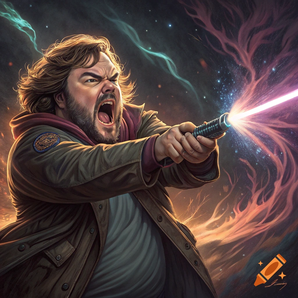 Stylized illustration of Jack Black firing a laser while screaming in space.