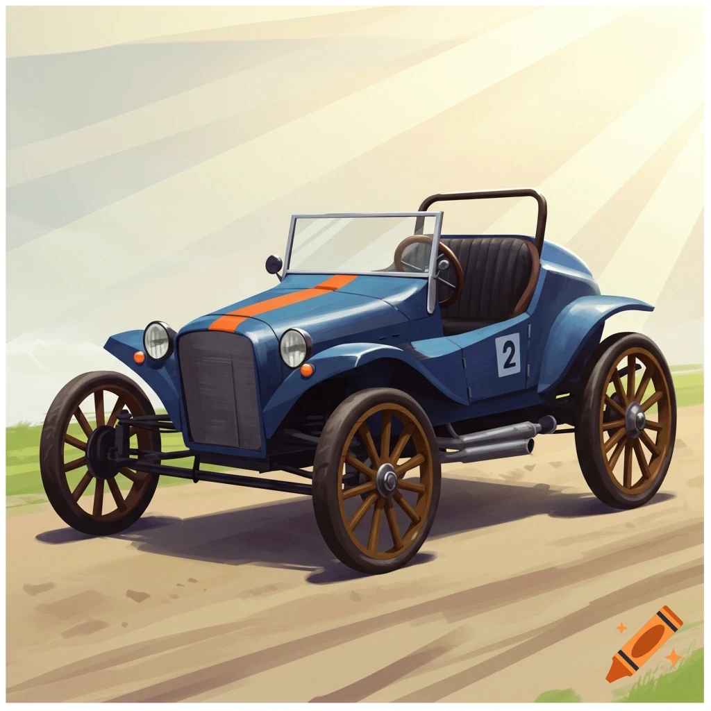 Stylized blue race car with orange stripe and number 2 on a track.