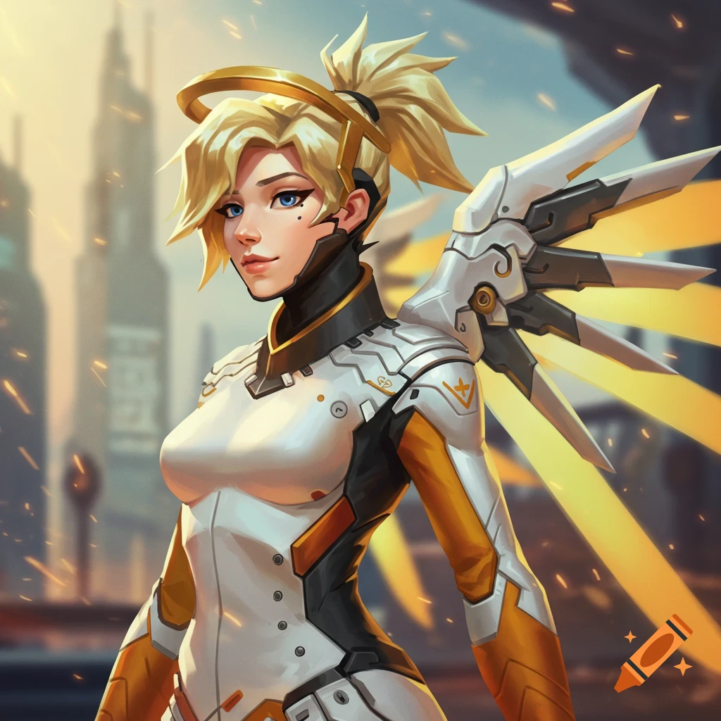Overwatch character Mercy in her white and gold costume against a blurred city background.
