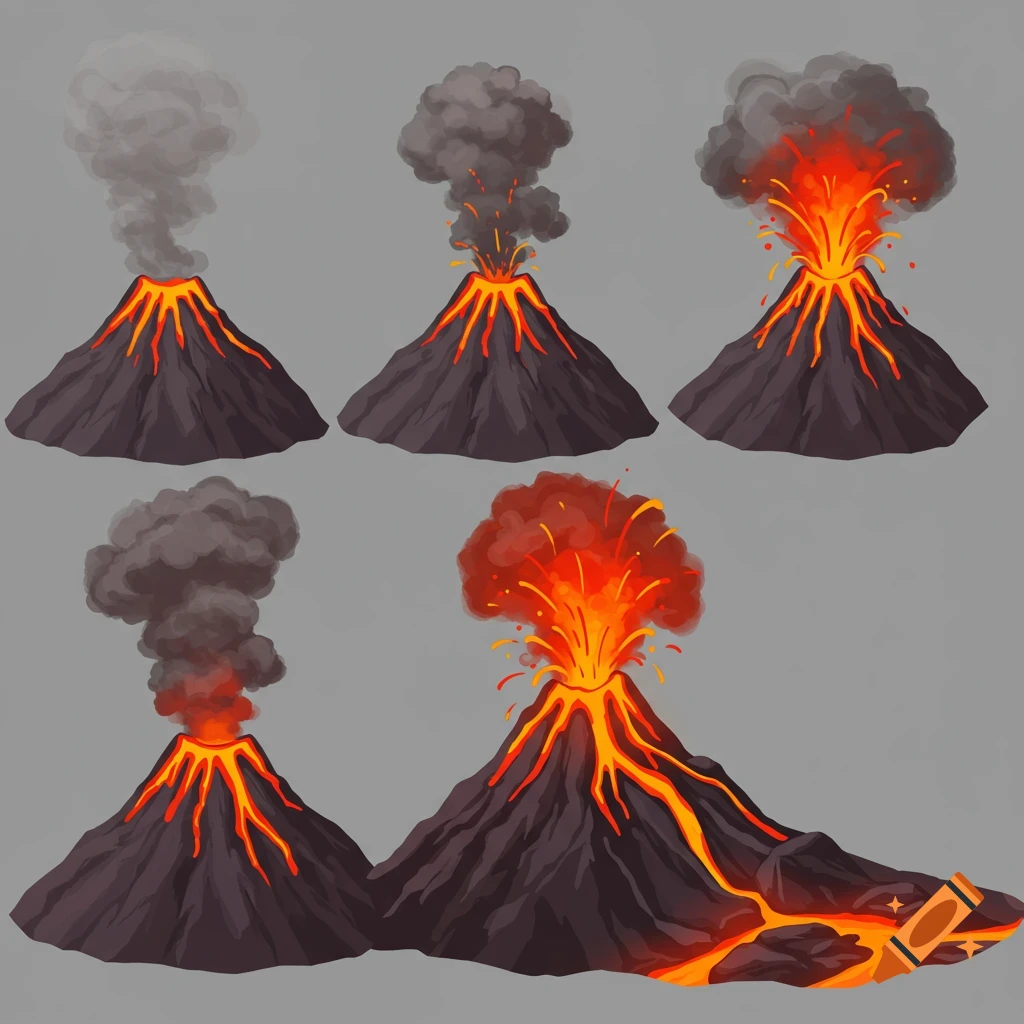 Illustrated sequence showing a volcano in various stages of eruption, from dormant to full lava flow.
