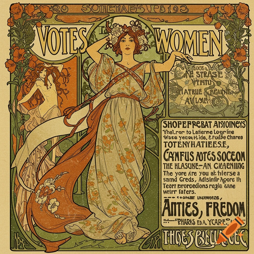 Art Nouveau style poster features women surrounded by flowers with text 'VOTES WOMEN'.