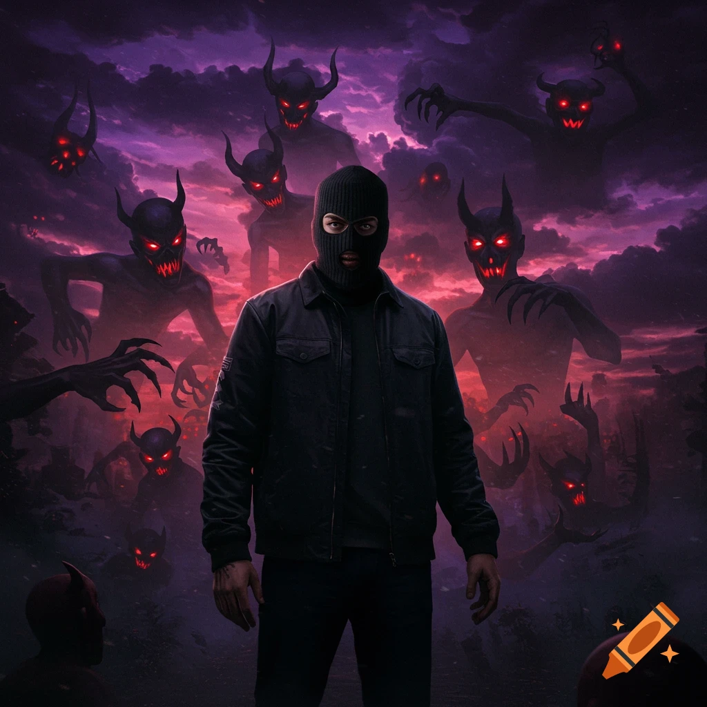 A man in a black ski mask stands among shadowy demons with glowing red eyes in a dark, cloudy landscape.