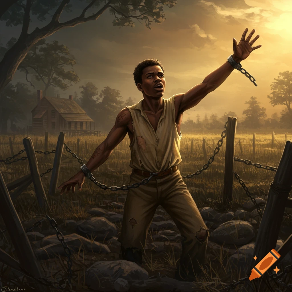 A man in chains reaches for the sky in a field at sunset.