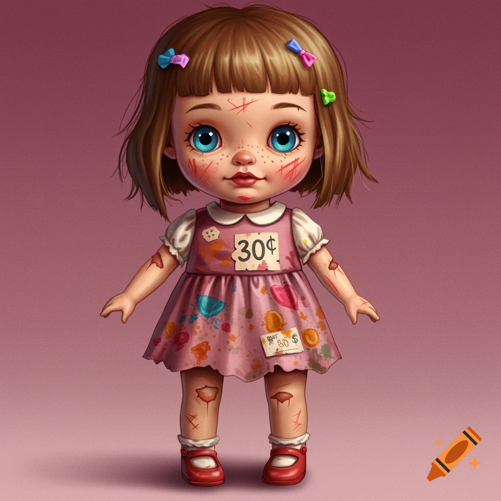 A damaged doll with scratches, stains, and a 30 cent price tag.