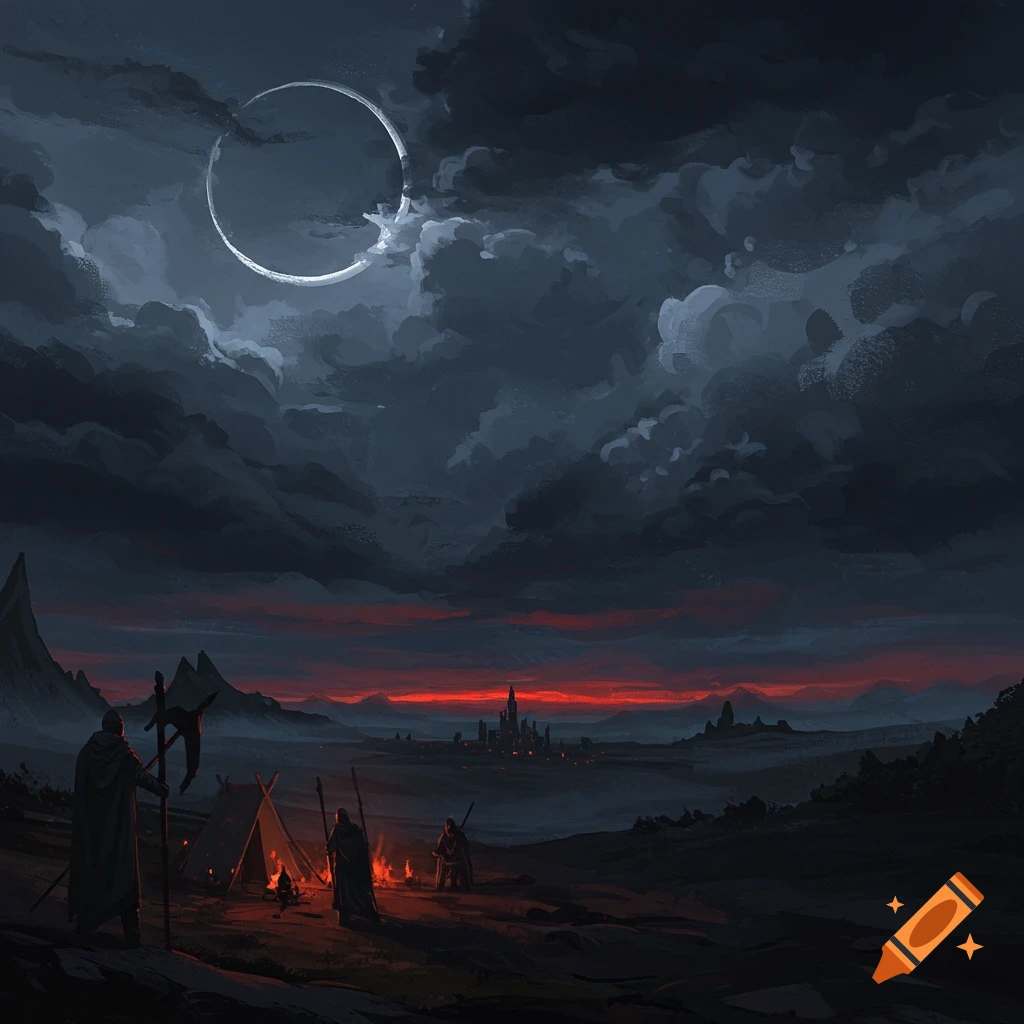 Robed figures gather around a campfire in a dark landscape, with a distant city and ringed moon visible.
