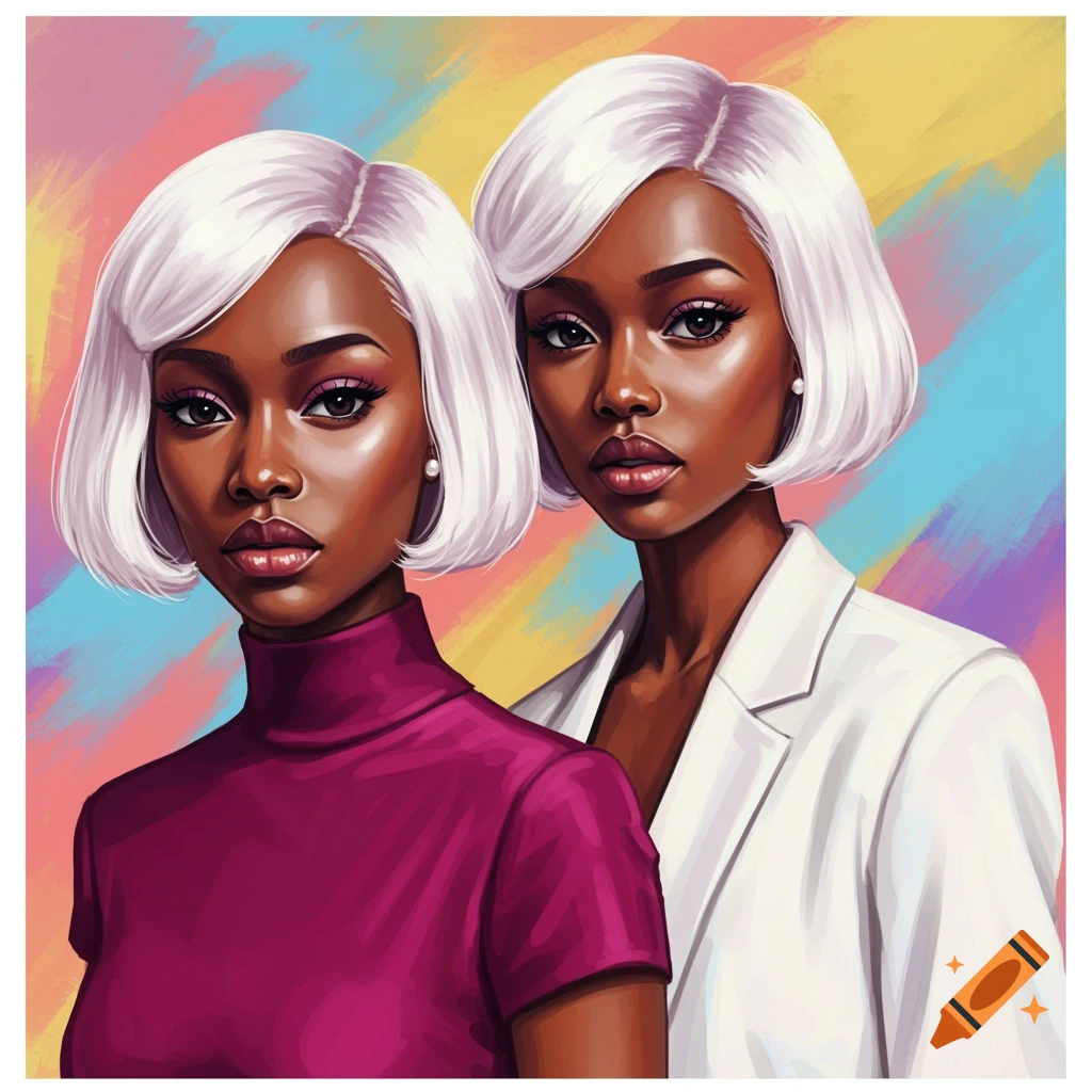 Two Black twin sisters with white bob hair, one in a purple top and the other in a white suit, against a vibrant, abstract background.
