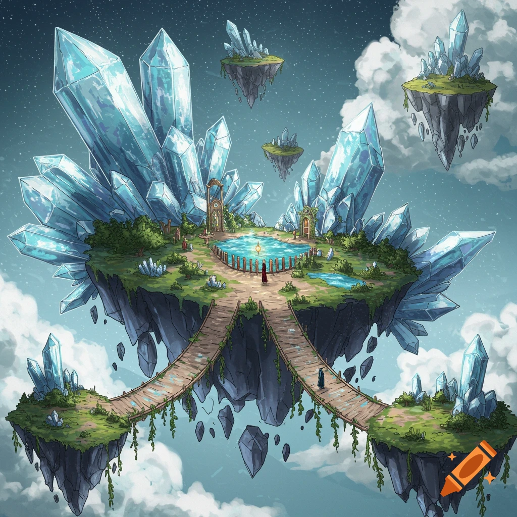 floating islands of crystals connected by bridges in the sky