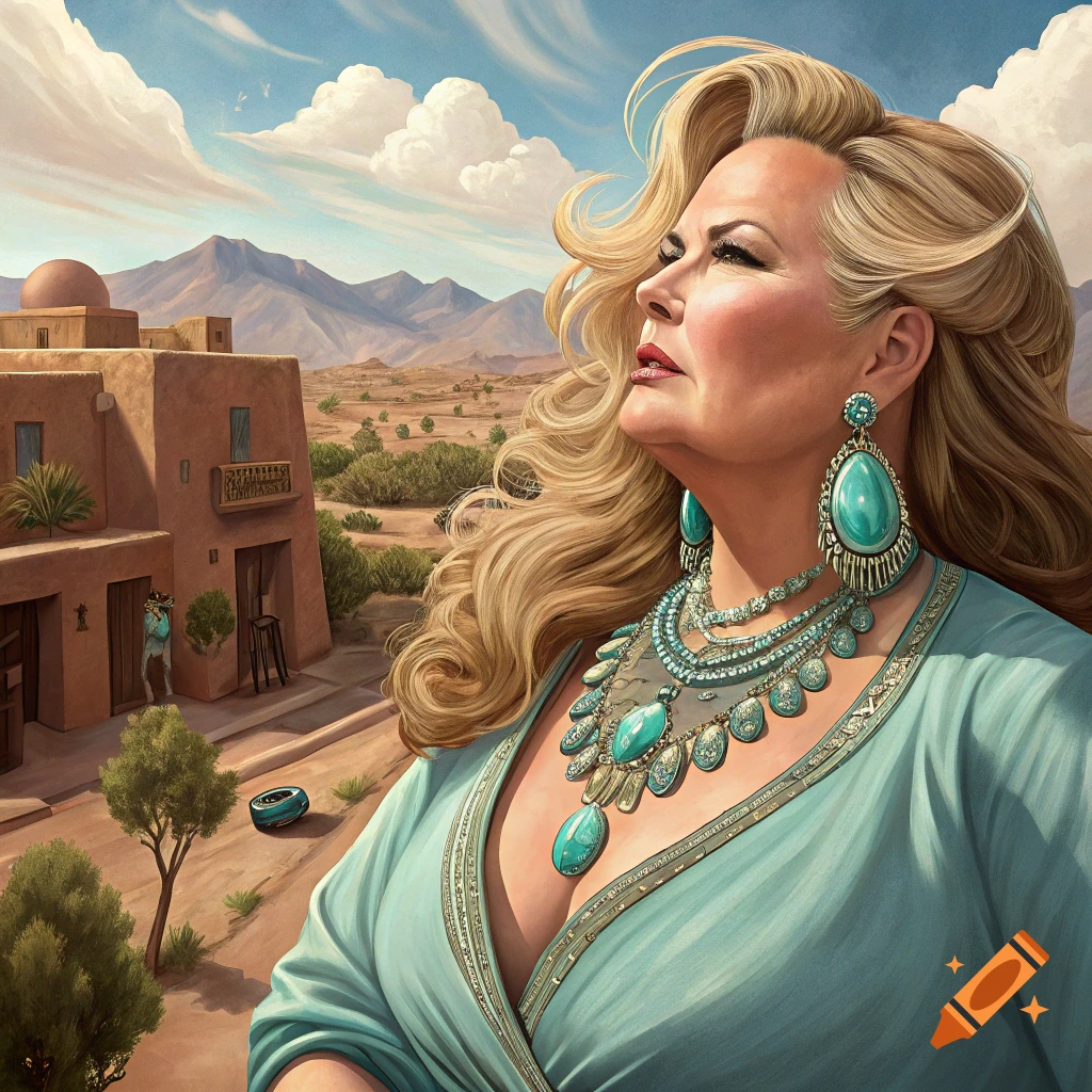 A woman with blonde hair and large turquoise jewelry looks up, in a desert landscape with adobe buildings.