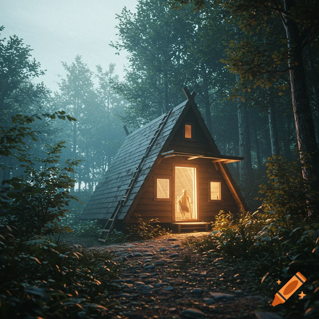 A person stands in the lit doorway of an A-frame cabin in a foggy forest.