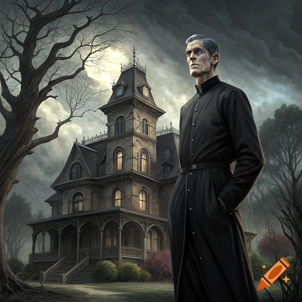 A man resembling Lurch in a black coat stands before a spooky gothic mansion under a dark sky.