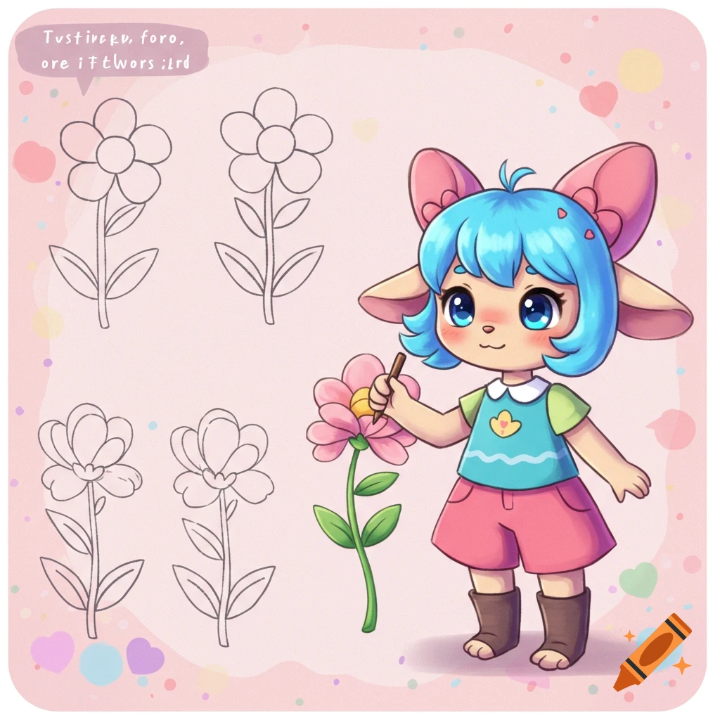 Cute anime character drawing flowers on a tracing page with outlines.