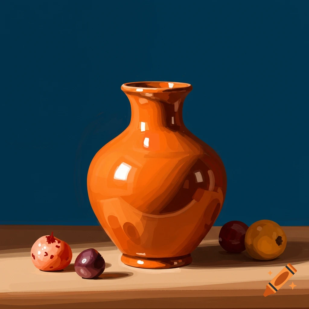 An orange vase and fruits on a table against a blue background.