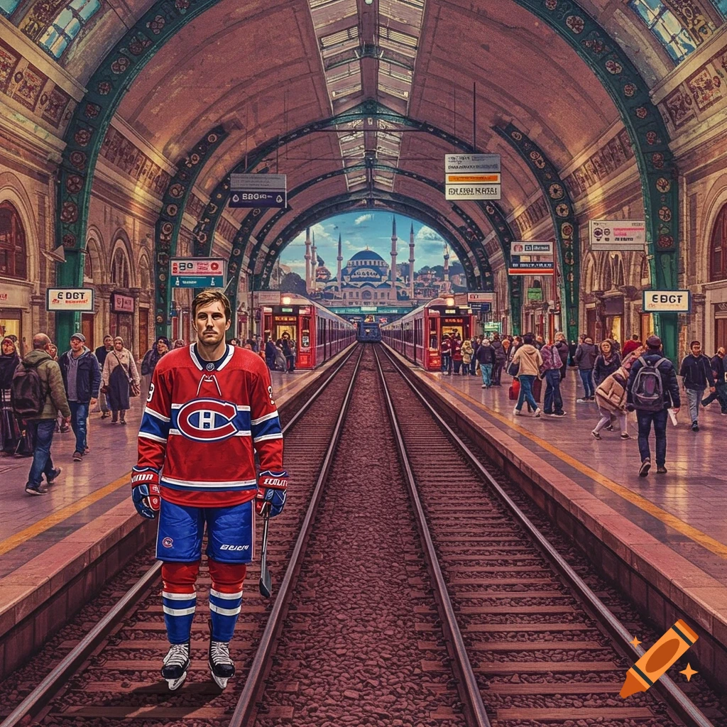 A Montreal Canadiens hockey player stands on the tracks of a train station in Istanbul.