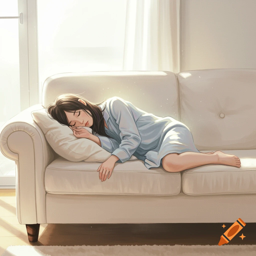 A young woman sleeps on a sofa in a sunny room.