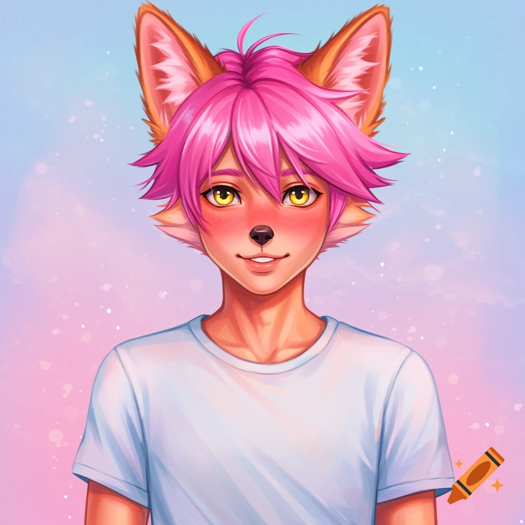 Portrait of a pink-haired fox character in a white t-shirt against a pastel background.