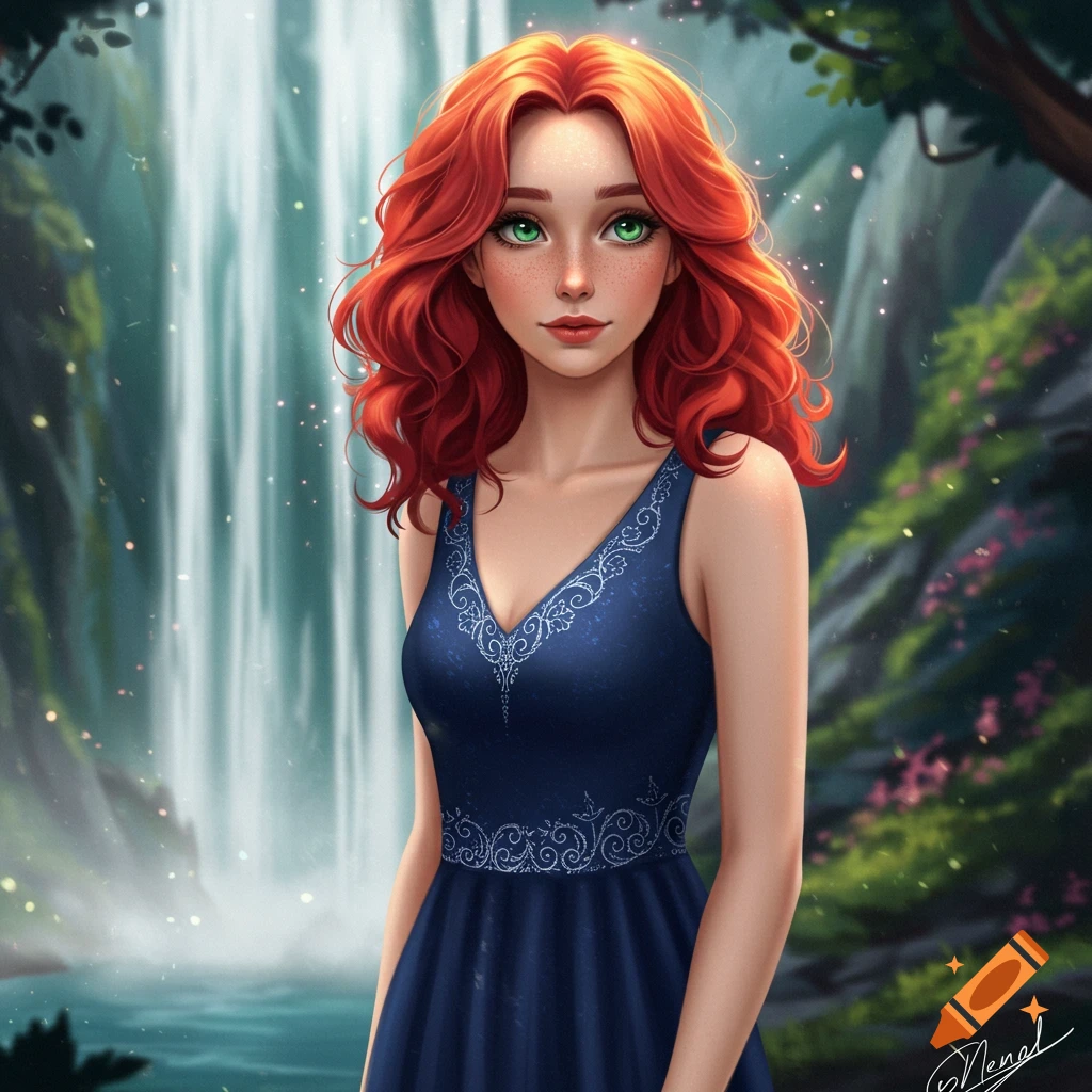 A woman with red hair and green eyes in a blue dress standing by a waterfall.