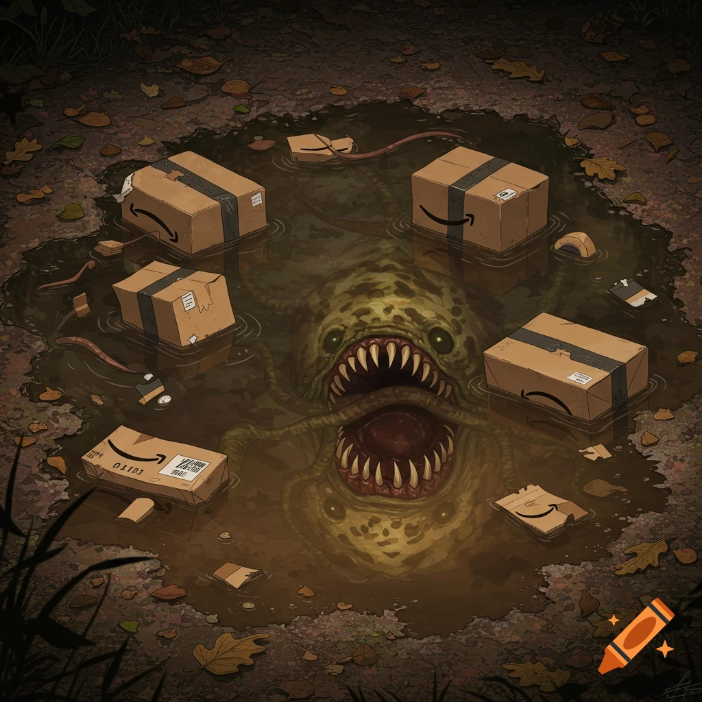A sharp-toothed monster rises from a muddy puddle filled with Amazon packages.