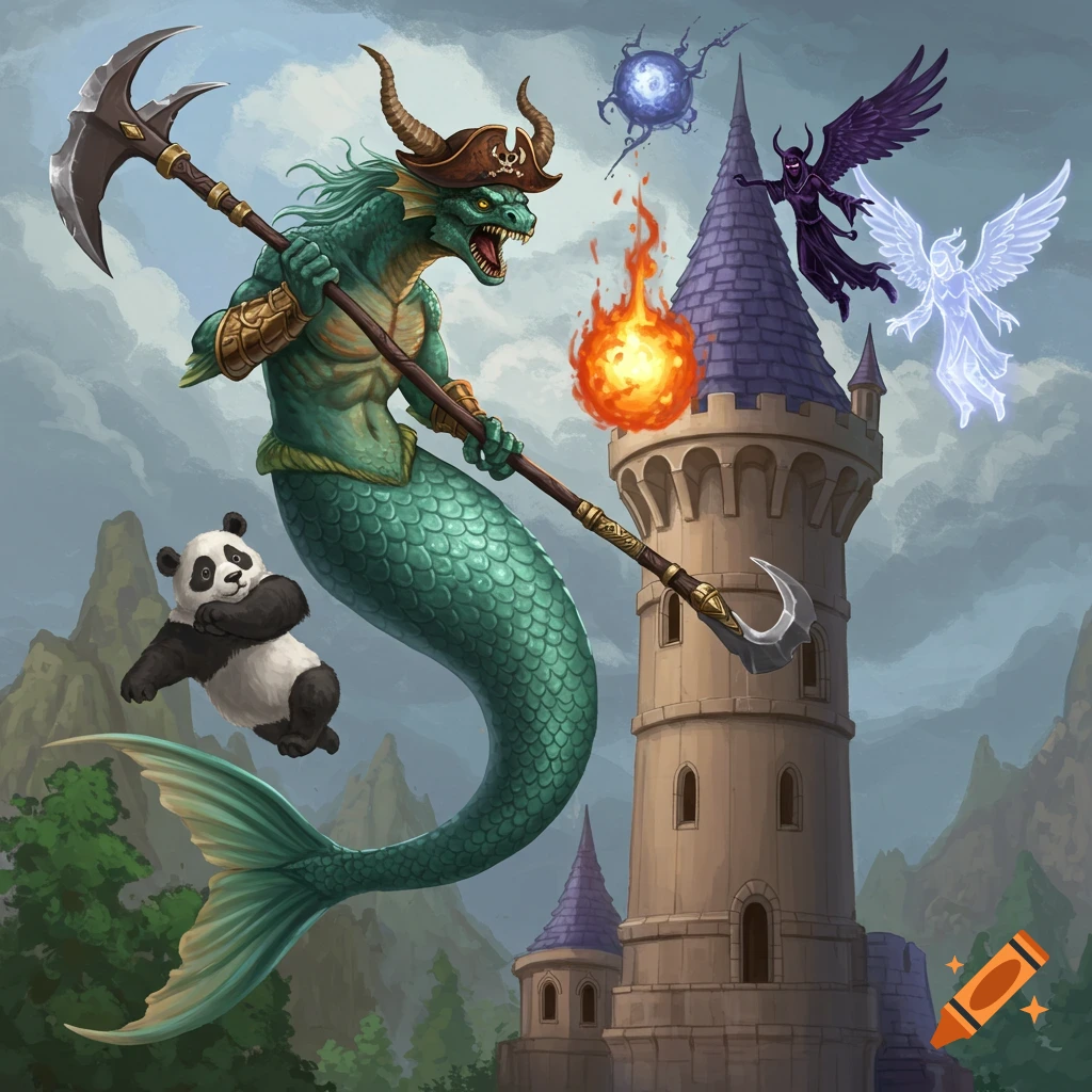 A green dragon mermaid kaiju wearing a pirate hat attacks a tower, while a flying panda and mythical figures are nearby.