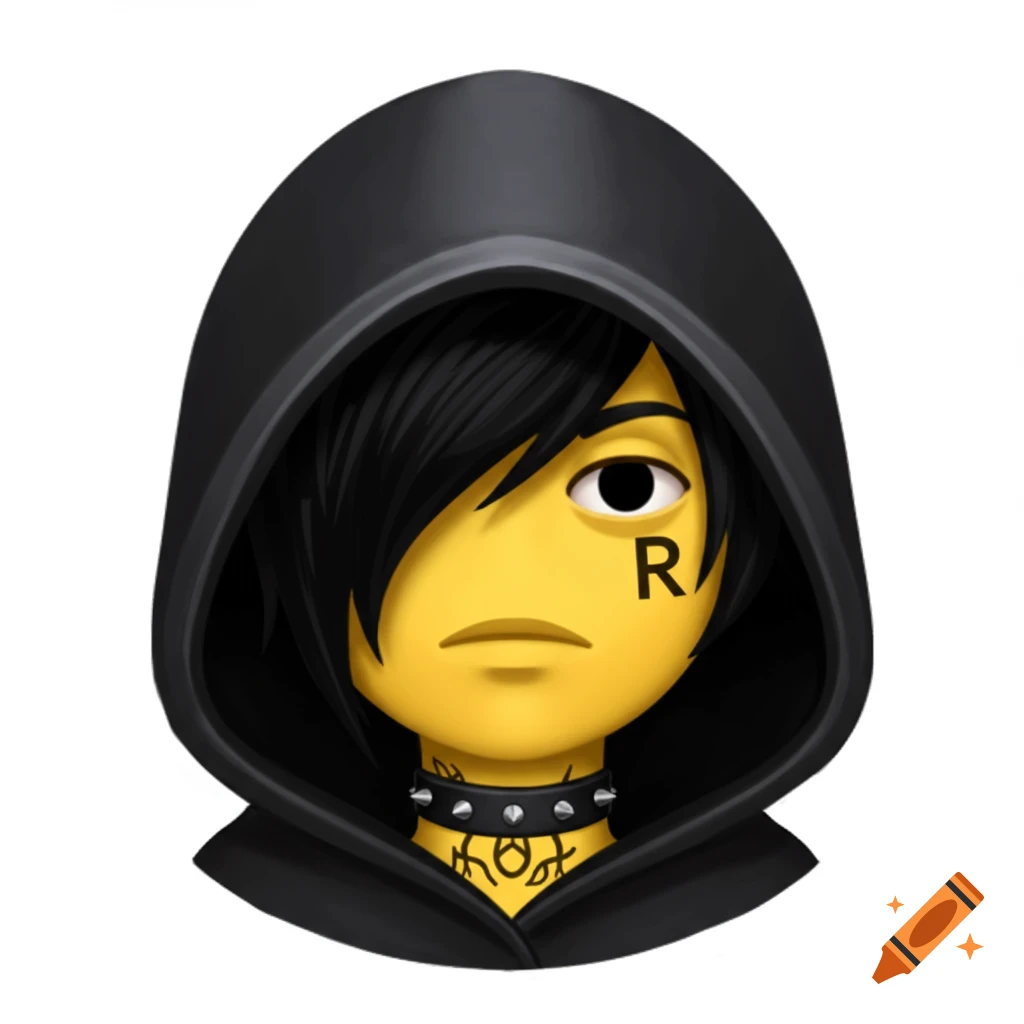 An iOS style emoji of an emo person with a black hood, yellow face, black hair, spiked choker, and an R tattoo on their cheek.