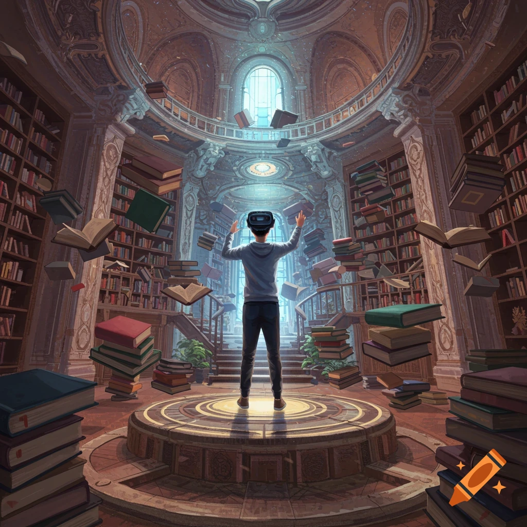 A person wearing a VR headset is standing in a grand library with books floating around them.