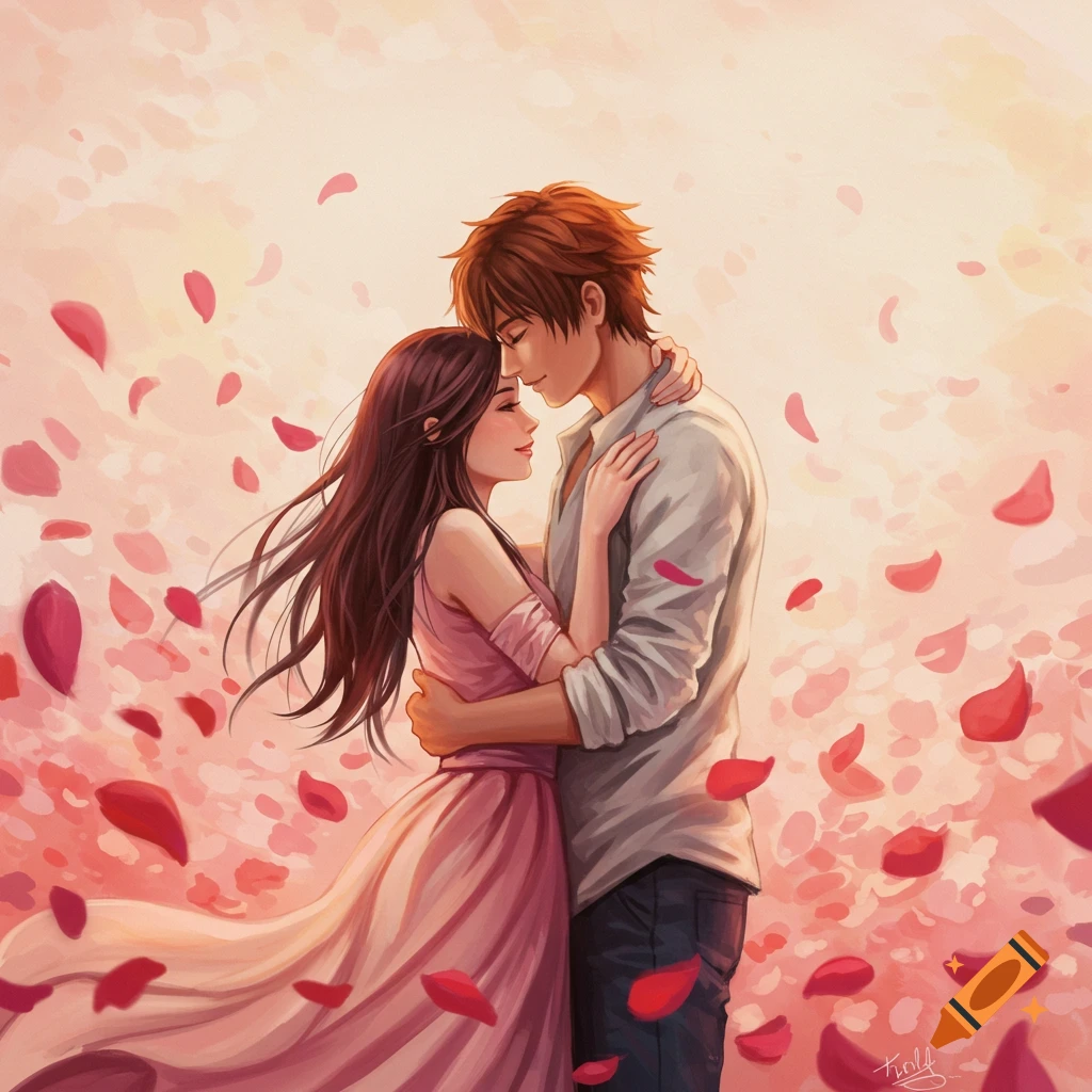 A couple hugs lovingly amidst falling rose petals.