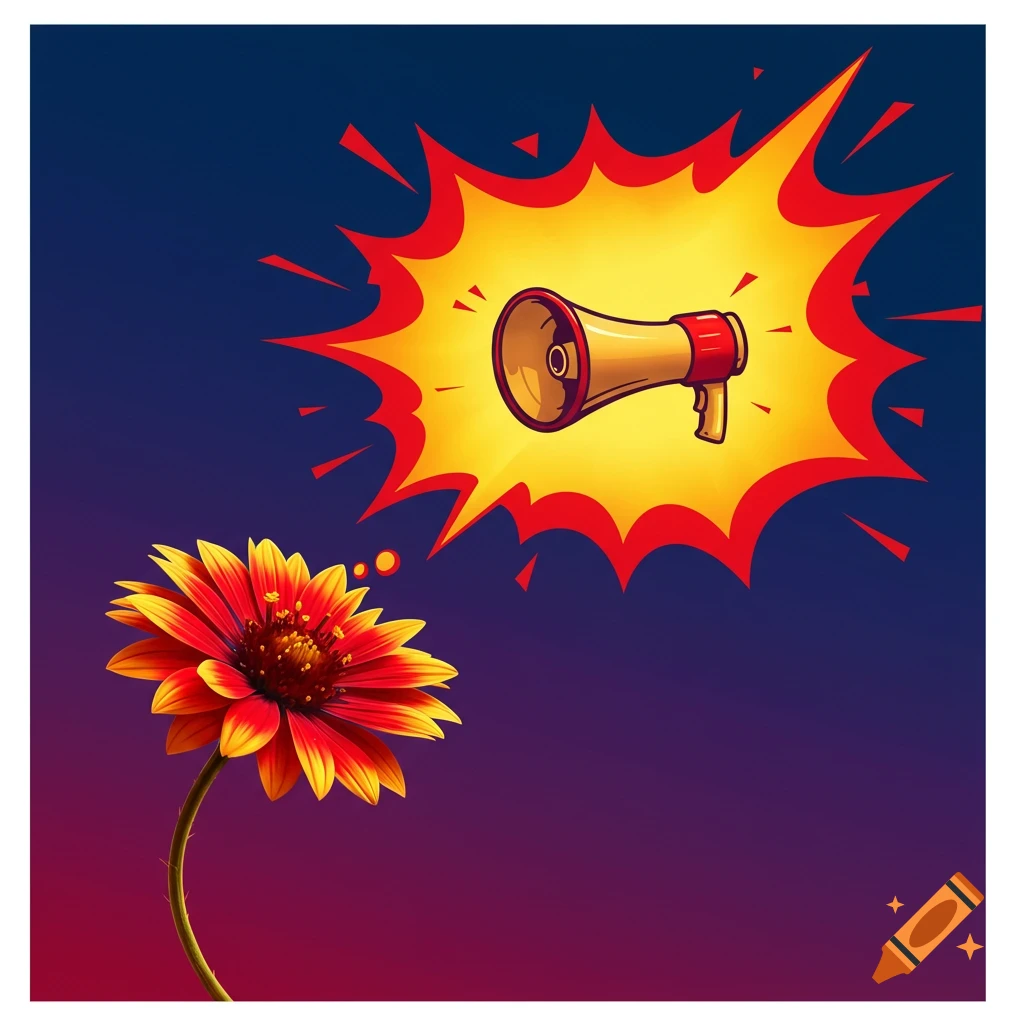 A digital illustration of a flower looking at a megaphone in an explosion graphic.