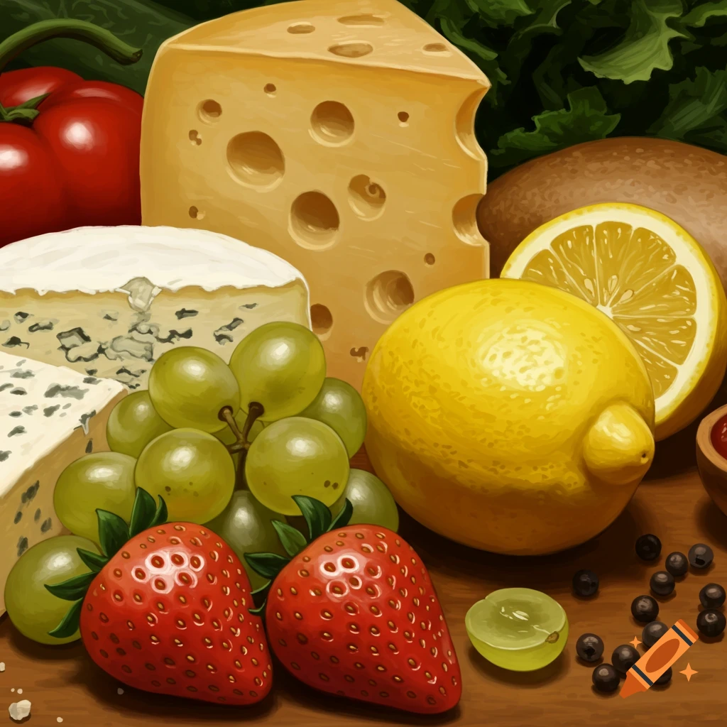 A still life with cheese, grapes, strawberries, lemon, and bread.